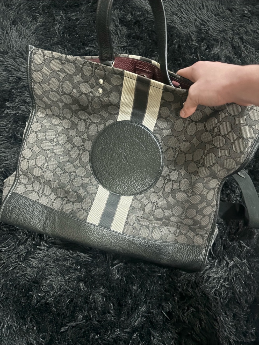 Coach Gray Signature Canvas Tote with Black Trim and Cream Stripe